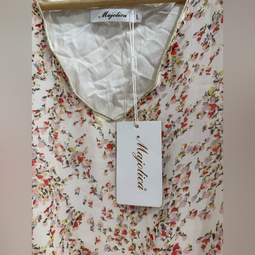 Majolica V-Neck White Midi Dress with Pink Floral Print - Picture 3 of 8